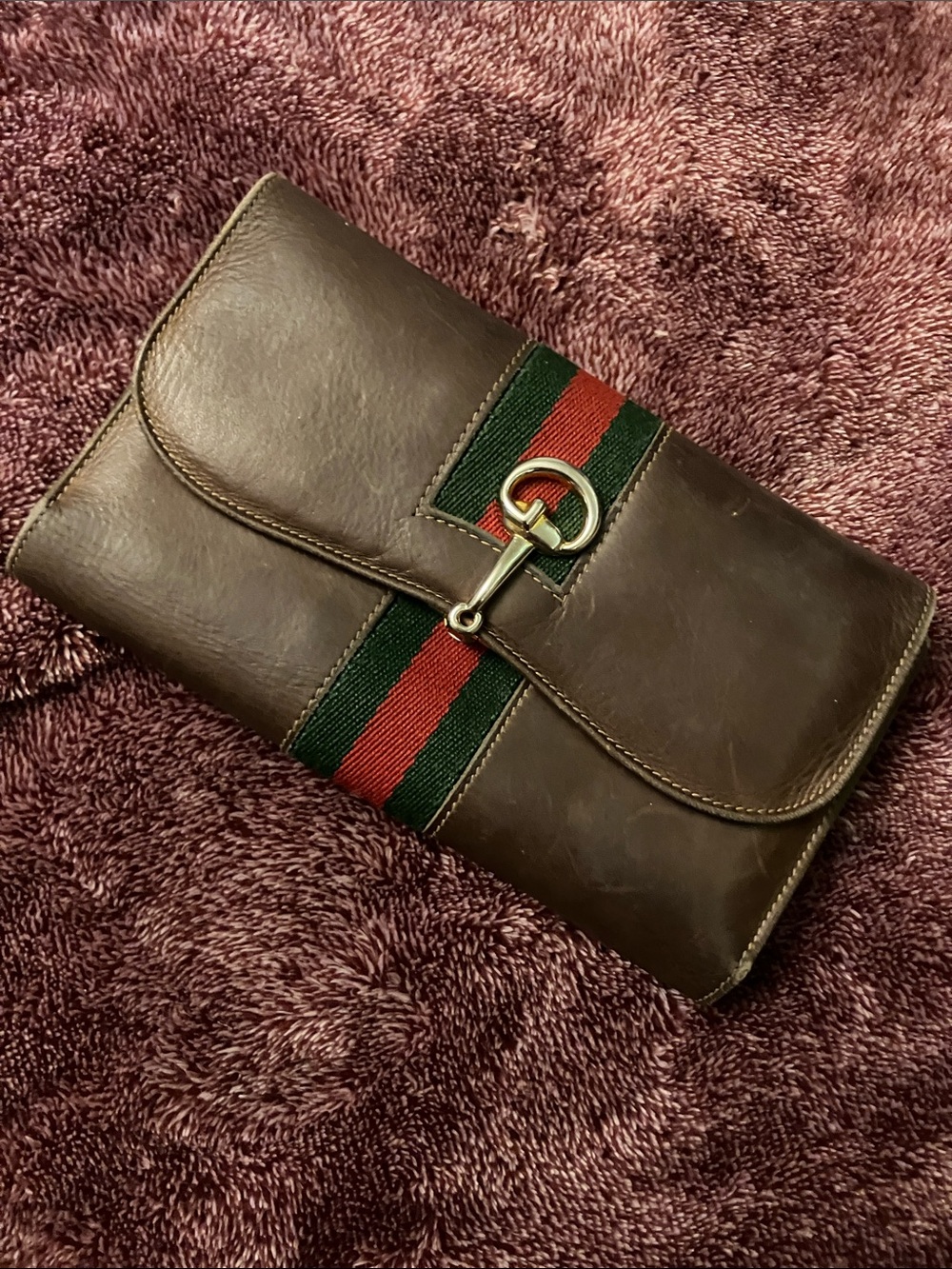 Gucci Brown Leather Clutch with Red and Green Web and Gold Horsebit